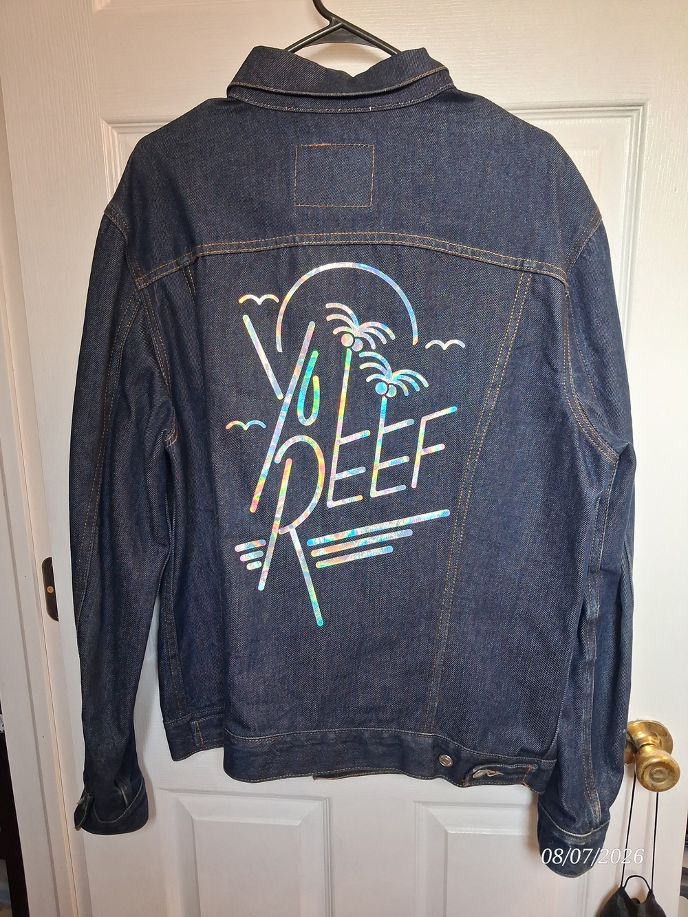 🔥 Levi's Reef Collaboration Denim Trucker Jacket Graphic Back XL Like Ne
